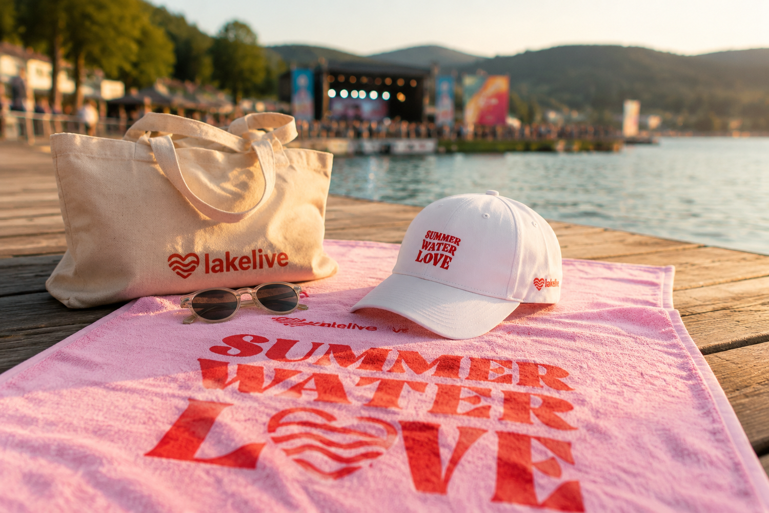 Collection Accessoires LAKELIVE — serviette rose, casquette, tote