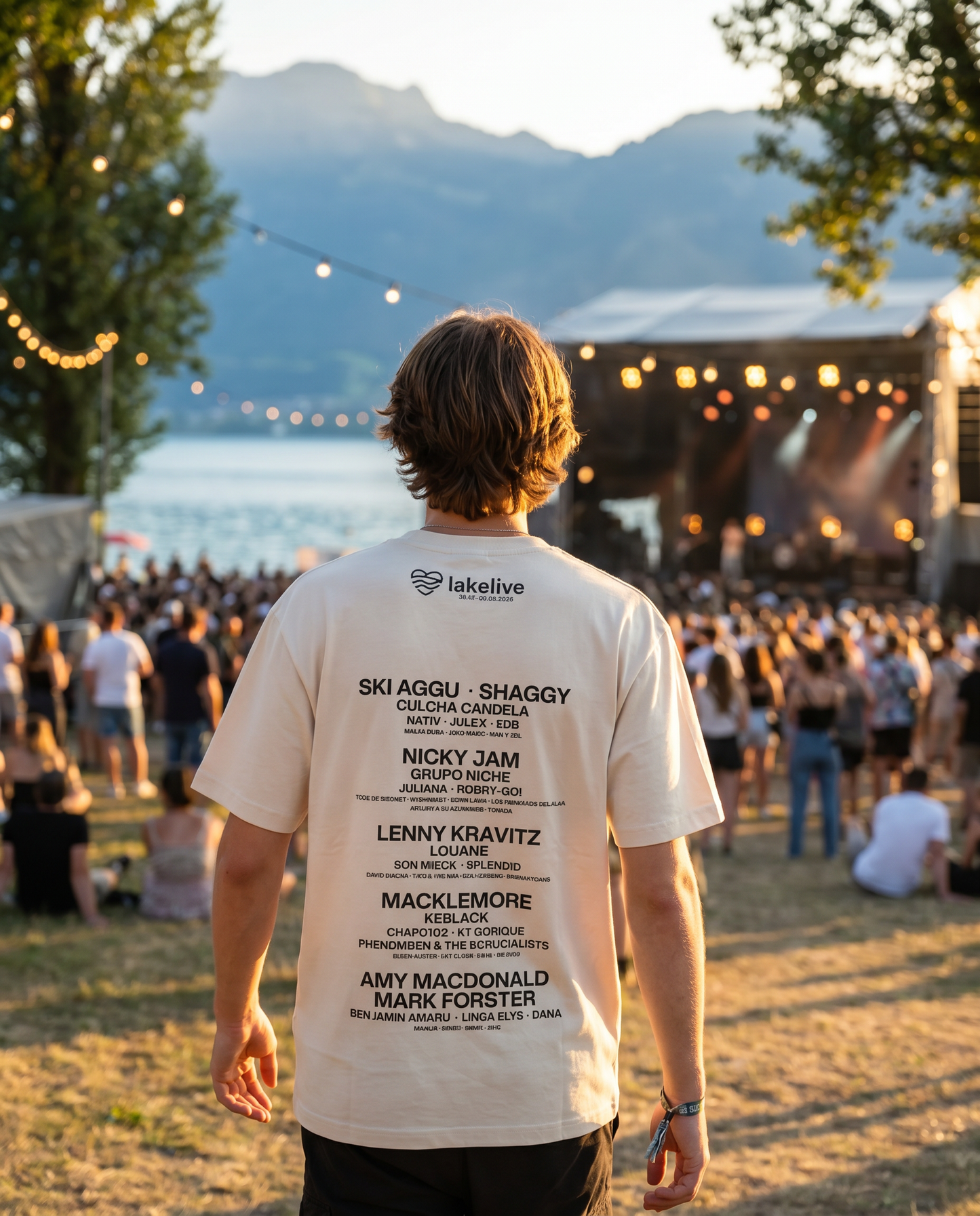 T-shirt Artiste LAKELIVE beige porté au festival, line-up au dos