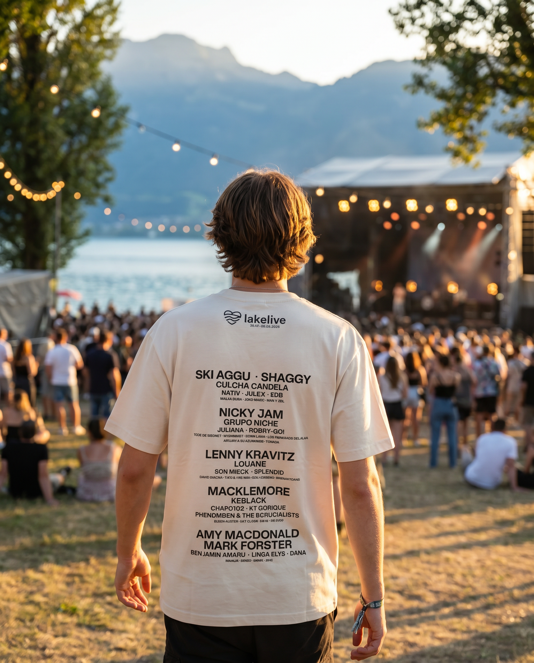 T-shirt Artiste LAKELIVE beige porté au festival, line-up au dos