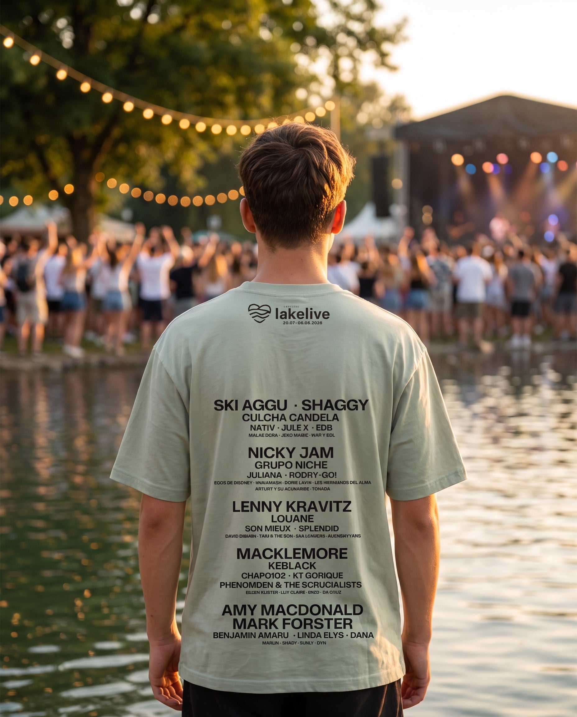 T-shirt Artiste LAKELIVE vert clair porté au festival, line-up au dos