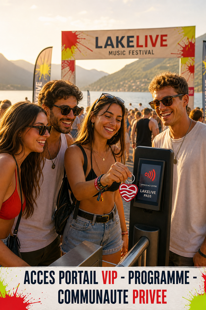 Amis scannant le porte-clé NFC à l'entrée du festival LAKELIVE