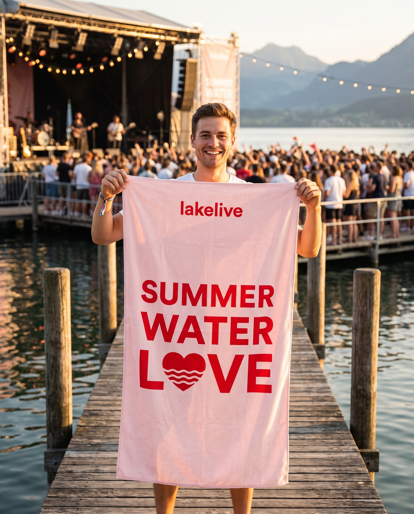 Serviette LAKELIVE rose déployée au festival au bord du lac